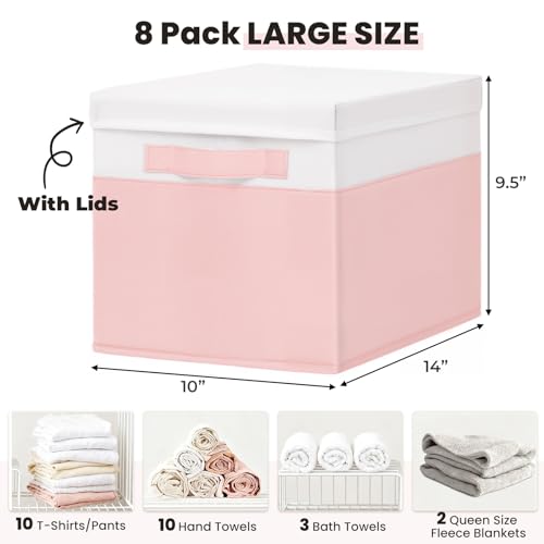 Large Closet Organizer Bins with Lids 8 Pack - Pink Storage Baskets for Shelves Nursery Bedroom Dorm RV - Stackable Decorative Closet Organization Box with Handles for Clothes Purse Blanket Towel - color: White with Pink, size: 8pcs-Large