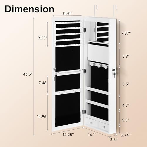 Mirror Jewelry Cabinet, Wall/Door Mounted Jewelry Armoire with Full-Length Mirror, Hanging Jewelry Organizer with LED Interior Lights, White