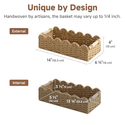 StorageWorks Toilet Paper Basket 2 Pack, Back of Toilet Basket with Wooden Handles, Small Wicker Decorative Scalloped Baskets for Organizing, Bathroom Storage, Brown Rope Baskets - color: Paper Rope(Brown), size: 14" L × 6¼" W × 4" H