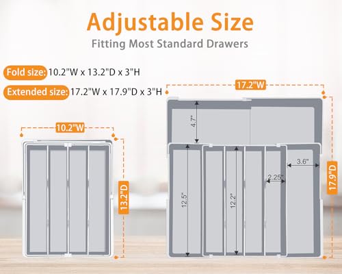 Homecor Silverware Drawer Organizer for Kitchen - Adjustable Utensil Holder Drawer Organizer, BPA Free Flatware and Cutlery Tray, Expandable Plastic Storage for Spoons Forks Knives, Grey - color: Grey, size: Large(10.2-17.2'"W x 13.2-17.9"D)