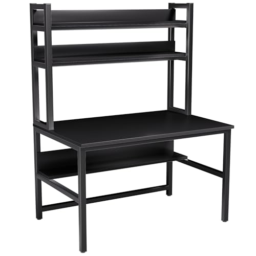 Aquzee Computer Desk with Hutch and Bookshelves, Large Leg Room 55 inch Width Black Desk with Space Saving Storage Shelves, Easy Assemble and All Hardware and Tools Included - color: Black, size: 55inch