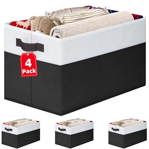 Criusia Large Storage Bins for Shelves 4 Pack, Closet Storage Baskets for Clothes Blanket Beddings Towels, Collapsible Fabric Closet Organizer Bins with Handles/ Laundry Room Organization - color: White with Black, size: 4pcs - Rectangular 14"x10"x9.5"