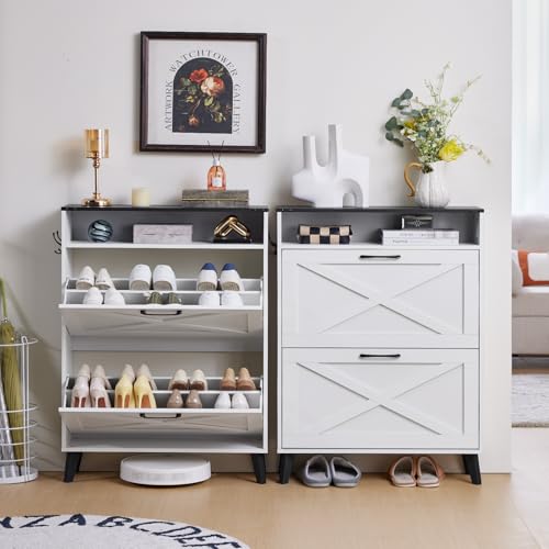 Joaxswe Shoe Cabinet Storage for Entryway with 2 Flip Drawers 2 Hook Open Storage Layer Rack Narrow Organizer Slim Hidden Wood Shoe Cabinet Furniture White - color: White