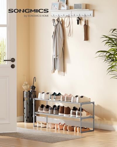 SONGMICS Shoe Rack, 2-Tier Shoe Organizer, Metal Storage Shelf, Upright or Upside Down, for 12-15 Pairs, Stackable, for Entryway, 11.8 x 36.2 x 14.6 Inches, Gray ULSA012G01 - color: Grey, size: 2 Tiers (36.2"w)