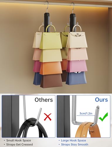 NiHome Wooden Purse Organizer for Closet, 8 Extra-Wide Metal Hooks Handbag Hanger, Space-Saving Hanging Bag Holder & Purse Rack for Closet Organization (Black, 2 Pack) - color: Black, size: 2 Pack