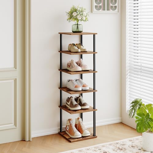 HOOBRO Vertical Shoe Rack, 6-Tier Narrow Shoe Shelf, Shoe Storage Organizer for Small Space, 11" L x 11" W x 39.5" H, Closet, Entryway, Hallway, Bedroom, Rustic Brown and Black BF21XJ01 - color: Rustic Brown + Black, size: 11"L x 11"W x 39.5"H