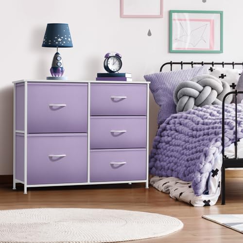 Sorbus Kids Dresser with 5 Drawers - Storage Chest Organizer Unit with Steel Frame, Wood Top & Handles, Tie-dye Fabric Bins for Clothes - Wide Furniture for Bedroom Hallway Kids Room Nursery & Closet - color: Purple, style: 5-Drawer