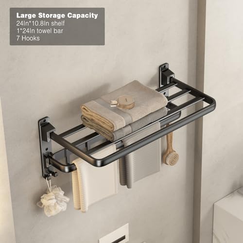 VOLDRA Towel Racks for Bathroom, 24-Inch Towel Shelf with Towel Bar Foldable Towel Holder with 7 Hooks Towel Storage Organizer for Bathroom & Lavatory Wall Mounted(Matte Black) - color: Matte Black, size: Extra 1 towel bar