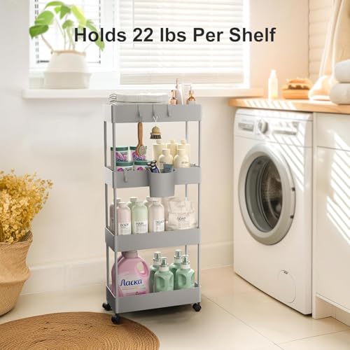 Pipishell Slim Storage Cart with Wheels, 4 Tier Bathroom Storage Organizer Rolling Utility Cart for Bathroom Kitchen Laundry Room Office Narrow Place (Gray) - color: Gray, size: 4-Tier