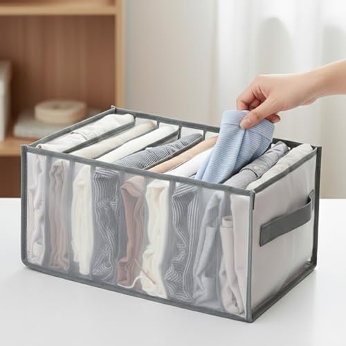 1 Pack Wardrobe Clothes Organizer, Clear Drawer Organizer with 9 Grids Divider for Clothing Jeans, Closet Bedroom Dorm Room, Grey - color: 9 Grids Grey