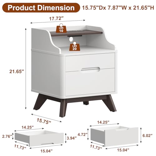 Night Stand with Charging Station, 21" Nightstand with Drawer/Open Shelves, Modern Nightstand w/2 Storage Drawers for Bedroom, Wood Bed Side Table End Table Bedside Table for Dorm, Home Office, White - color: White, size: 15.8"D x 17.7"W x 21.7"H (2 Drawe