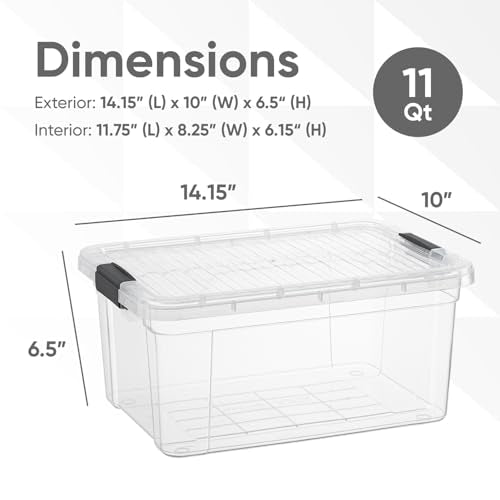 Superio Small Clear Plastic Storage Bin with Lid, 11 Qt, Non-Toxic, BPA Free, Odor Free, Organizer Storage Box, Stackable Plastic Tote for Home, Garage, School, and Office - size: 14.15" x 10" x 6.5"