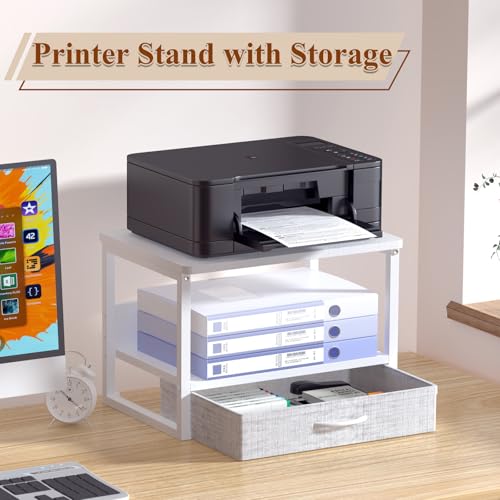 MARTY Printer Stand with Storage Drawer for Desk, 2-Tier Desktop Printer Stand Shelf Organzier for Home Office Printer Riser Under Desk Small Printer Table for Fax Machine Copier Scanner (White) - color: White, size: 2 Tier With Drawer