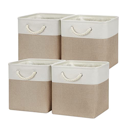 Temary 4 Pack Cube Storage Bins Cloth Baskets for Shelf, Fabric Storage Cubes 12 x 12 Baskets Gift Empty Basket with Handles, Basket for Storage (White&Khaki) - color: white&khaki, size: 12"L x 12"W x 12"H