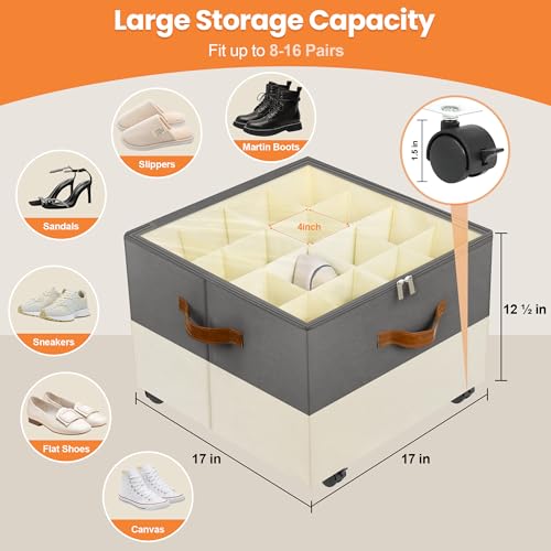 Shoe Organizer for Closet, 2 Pack Shoe Storage Organizer with Wheels and Adjustable Dividers, Stackable Shoe Storage Box with Clear Cover, Closet Shoe Organizer Fits up to 16-32 Pairs, Gray and Beige - color: Gray and Beige, size: 17"L x 17"W x 12 ½"H-2 P