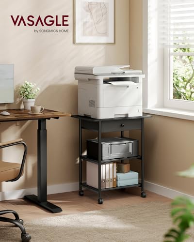 VASAGLE Printer Stand with Locking Wheels, Industrial Mobile Cart, Under Desk Printer Table for Home Office, 23.6 x 15.7 x 27.6 Inches, 2 Storage Shelves, Drawer, 3-Tier, Ebony Black - color: Ebony Black, size: 3 Tiers with Drawer