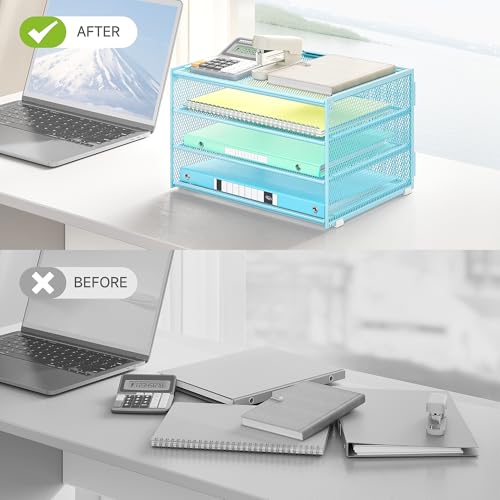 Lavatino 3-Tier Letter Tray Desk Paper Organizer – Blue Mesh Metal File Tray Organizer for Desk, Office Supplies & Home Organization | Fits A4/Letter Paper, Mail, Magazines and Office Accessories - color: 4-tier No Handle - Blue