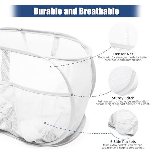 2 Pack Collapsible Laundry Baskets, Upgrade Pop Up Laundry Hamper with Convenient Bags, Foldable Laundry Basket Mesh Light Weight, Easy to Carry Clothes Hampers for Laundry, Dorm, Toys, Travel White - color: 2xWhite
