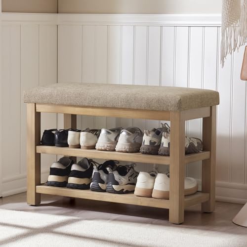 Zihanhome 2 Tier Shoe Rack Bench with Cushion, Solid Wood Shoe Benches, Mid-Century Modern Shoe Storage Bench for Entryway, Hallway, Living Room, Closet, Front Door Entrance, (Brown, 31.5") - color: Brown, size: 31.5"