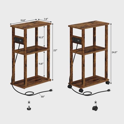 TUTOTAK Small Narrow Side Table with Charging Station, Skinny End Table for Small Spaces, Slim Nightstand with USB Ports and Outlet, Sofa Beside Table with Wheels, Rustic Brown TB01BB046C - color: Rustic Brown, size: 1 PC, style: With Plug