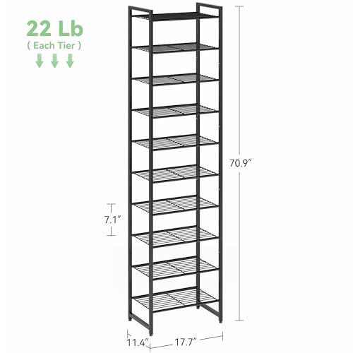 Nunsino Narrow Shoe Rack, 10-Tier Metal Shoe Organizer,Tall Shoe Shelf with Anti-Tip Strap, Max Holds 20 Pairs,Space Saving for Closet,Entryway,Black - color: Black, size: 10 Tier