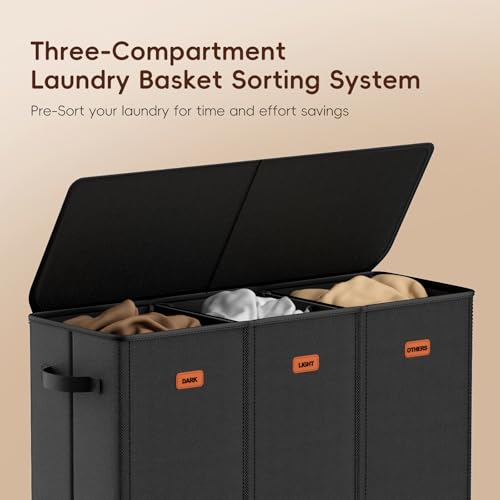 185L Laundry Hamper 3 Section, Laundry Hamper with Lid, Dirty Clothes Hamper with 3 Removable Washing Bags, Extra Large Laundry Basket Organizer for Bedroom, Laundry Room, Dorm - Black - color: Black, size: 185L - 3 Section