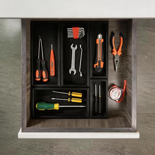 bamboo drawer organizer Set,expandable drawer dividers,wooden storage organizers,drawer organizers for kitchen, bathroom,flatware,Tea Bag Organizer (1 X 5PCS Black) - color: 1 X 5PCS Black