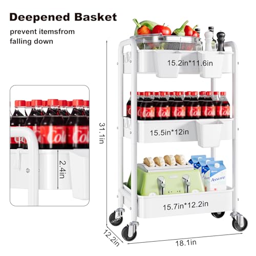 3 Tier Rolling Cart Metal with Wheels, White Three Tiered Craft Cart Organizer on Wheels, Storage Utility Carts for Art, Baby Nursery,Diaper Caddy, Cleaning Supplies, Nail,Lash,Snack,Book,Roller Shelf - color: Light White, size: 3-Tier + Cups + Hooks