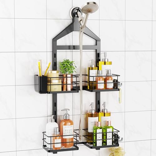 ODesign 2 Tier Height-Adjustable Shower Caddy Hanging Anti-Swing-Over The Shower Head Caddy Storage Organizer Bathroom Shelves Basket-Black - color: Black, size: 2 Tier