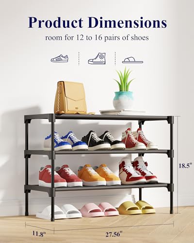 Kitsure Shoe Rack - Non-Woven Shoe Rack Shelf, Shoe Organizer for Closet, Entryway, Garage & Corridor, Stackable Shoe Shelves, 27.5" Wide - 3 Tier, Black - color: Black, size: 27.5" Wide - 3 Tier