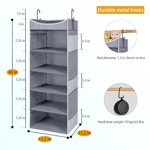 5-Shelf Hanging Closet Organizer and Storage with 6 Side Pockets, Collapsible Closet Hanging Shelves for Storage, Grey - size: 5-shelf