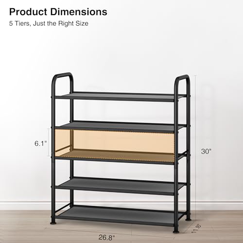 STO STO 5-Tier Shoe Rack with Sturdy Mesh Shelves, Heavy Duty Metal Shoe Organizer for Entryway, Closet, Garage, Front Door, Holds 15 Pairs, Free Standing Shoe Storage Shelf, Adjustable Feet, Black - size: 5-Tier Standard