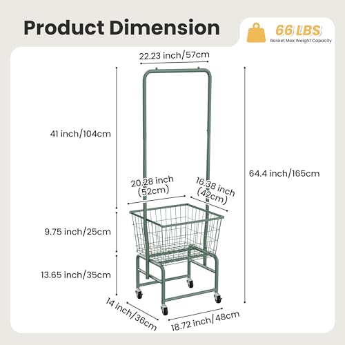 Rolling Laundry Cart with Wheels, Laundry Hamper Basket Organizer with Clothes Hanging Rack, Wire Storage Cloth Shelf Butler, Green - color: Green