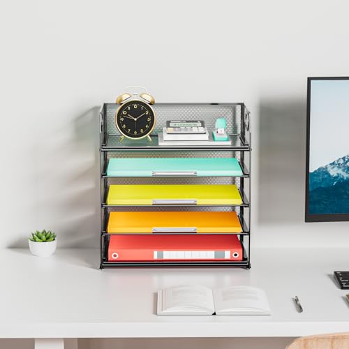 Paper Organizer Letter Tray with Handle, 5-Tier Black Stackable Desk Organizer with Metal Mesh, Sturdy Paper Tray for Office Desk, Home & Classroom Supplies Storage - color: Black, size: 12.6" x 9.1" x 13.4"