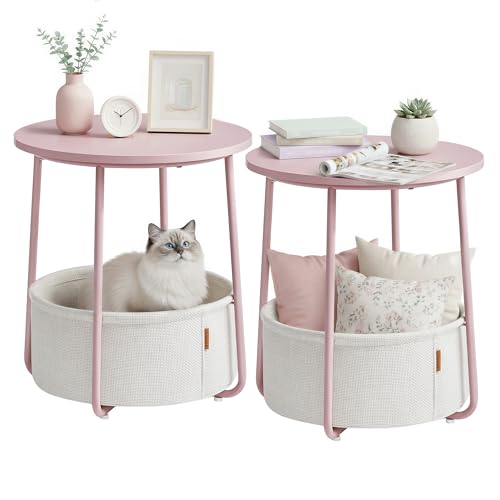 VASAGLE LILEA Collection - Small Round Side End Table, Modern Nightstand with Fabric Basket, for Living Room, Bedroom, Set of 2, Jelly Pink and Cream White ULET225SA01S - color: Jelly Pink + Cream White, size: Round + 2 pack
