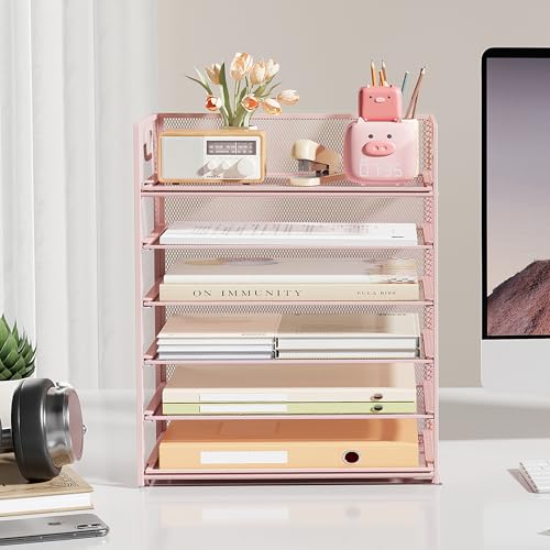 Subekyu 6 Tier Office File Paper Desk Tray Organizer with Handle, Stackable Slide Mesh Letter Tray Folder Pink Desk Organizer, Desktop Document Sorter for Classroom, Office, Home Supplies Storage - color: Pink