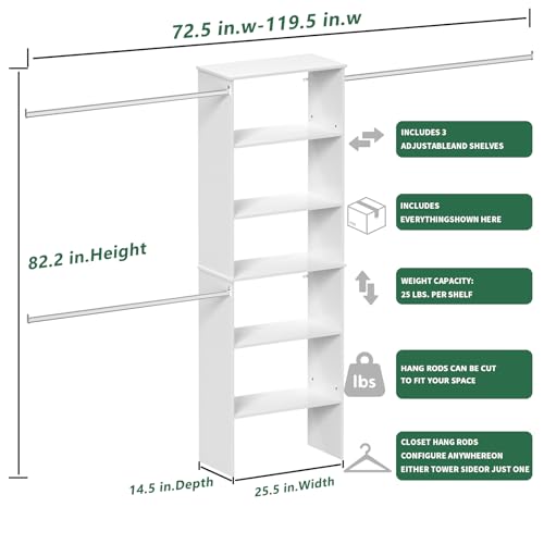 ROOMTEC Closet System, 25.5" Wide Wall-Mounted Closet Organizer Kit with Wood Storage Tower and 3 Hanging Rods, Wardrobe Closet System for Walk-In Closets, White - color: White, size: 25.5 Inch