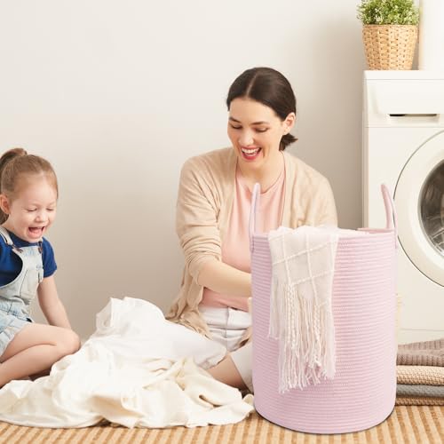 Woven Cotton Rope Laundry basket-15”X20” Laundry Hamper-Rope Storage Basket for Dirty Clothes, Toys and Blankets Perfect for Bathroom, Baby nursery and Living Room Storage (pink) - color: pink, size: regular