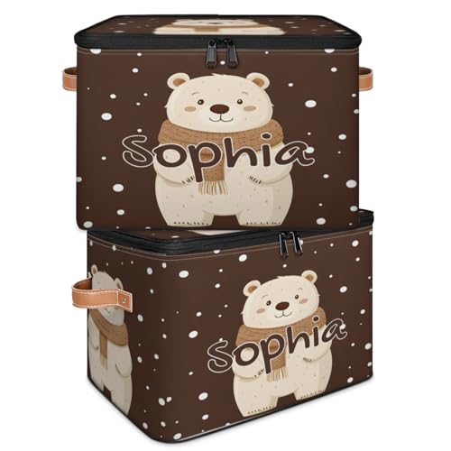 Custom Storage Basket with Name, Personalized Storage Bins with Zipper Lid, Foldable Fabric Storage Box Large capacity with Handle Scarf Bear - color: Option 2