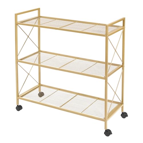 SONGMICS 3-Tier Metal Storage Rack with Wheels, Mesh Shelving Unit with X Side Frames, 31.5-Inch Width, for Entryway, Kitchen, Living Room, Bathroom, Industrial Style, Metallic Gold UBSC183A01 - color: Metallic Gold, size: 31.5"W