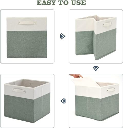 FinishingBo 13 x 13 Inch Fine Linen Storage Bins with Handles，Fabric Cube Boxs，Basket Organizers for Shelves for Home, Closet Drawers (White/Green-6 Pack) - color: White/Green-6 Pack