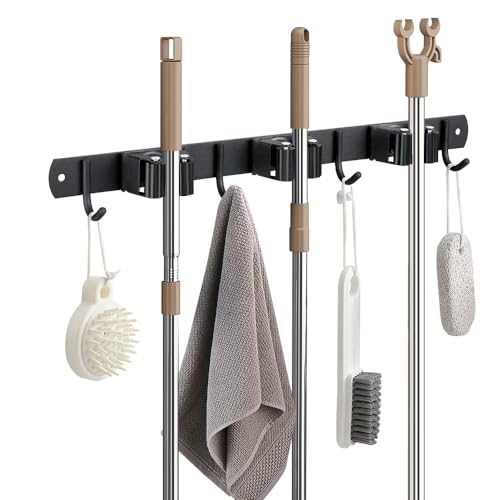 JAMEND CLXP Broom Hanger and Mop Holder, Heavy Duty Garden Tool Organizer Rack Rake and Shovel Handle, Stainless Steel Wall Mounted Utility Rack with Screws (3 Racks with 4 Hooks, Matte Black). - color: 1 Pack, size: 3R4H