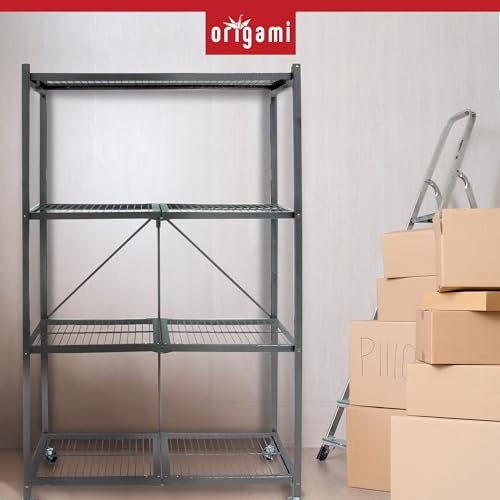Origami 2-Pack R5 Series Foldable 4-Tier Steel Storage Rack, Pewter – Heavy-Duty Metal Shelving Unit w/ Removable Wheels for Laundry Room or Garage – Rolling Organizer for Home, Office & Warehouse - color: Pewter, size: 2-Pack