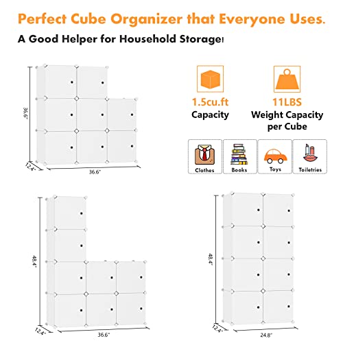 C&AHOME Cube Storage Organizer with Doors, 8-Cube Shelf, Closet Cabinet, DIY Plastic Modular Bookshelf, Storage Shelves Ideal for Bedroom,Living Room,24.8" L × 12.4" W × 48.4" H Milky UGSHS3008M - color: Milky