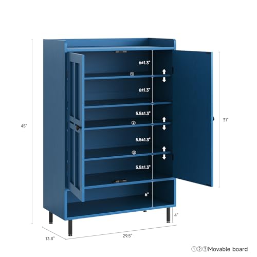 ONBRILL Shoe Cabinet with Cross Molding Doors, 6-Tier Shoe Storage Cabinet with 3 Adjustable Shelves and Metal Legs, 45'' Tall Shoes Rack Organizer Cabinet for Entryway, Front Door, Blue - color: Blue