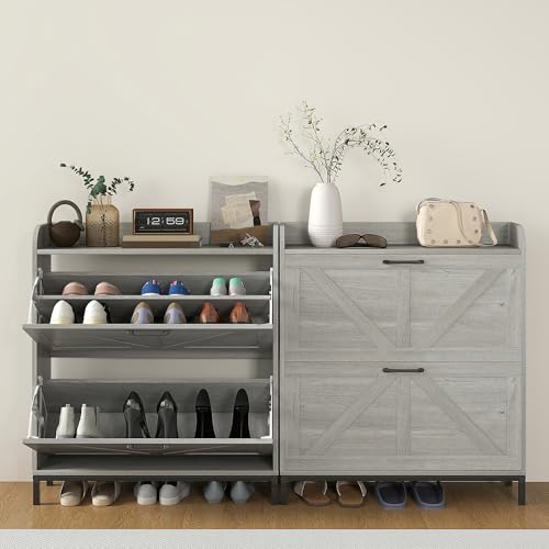 HOMCOM Shoe Storage Cabinet with 2 Flip Drawers, Legs, Farmhouse Freestanding Narrow Shoe Cabinet, Slim Hidden Rack Organizer for Entryway, Hallway, Light Gray Wood Grain - color: Light Gray