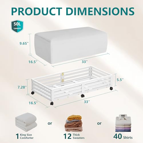 Wisuce Bamboo Under Bed Storage Containers- Underbed Organizer with Wheels with Dust Bag,Sturdy Wood Rolling Under the Bed Shoe Storage Organizer Drawers (White, 2 Pack (33.07"×16.54")) - color: White, size: 2 Pack (33.07"×16.54")