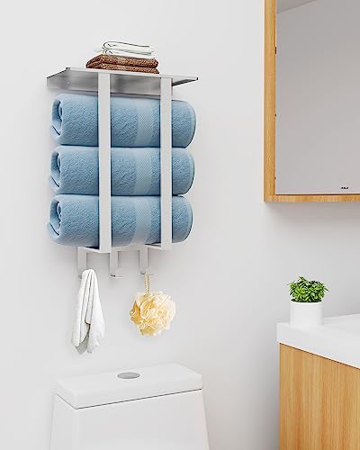 Towel Racks for Bathroom, BETHOM Towel Rack Wall Mounted with Shelf and 3 Hooks, Towel Storage for Small Bathroom for Rolled Bath Towels, Brushed Nickel - color: Brushed Nickel, size: Square Tube