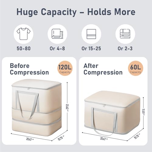 DIMJ Comforter Storage Bag - 120L Large Blanket Storage Compression Bags with Handles, Washable Clothes Storage Totes for Moving Closet, Space Saving Organizer for Bedding Comforter Blanket - color: Beige, size: 120L x 2 Pack