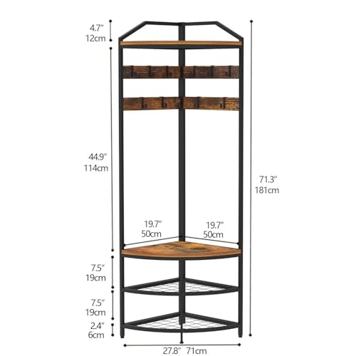 GiftGo Corner Hall Tree with Shoe Bench Entryway Coat Rack with 10 Metal Movable Hooks Floor Standing Clothes Rack Shoes Shelf Organizer for Home Office Bedroom (Rustic Brown) - color: Rustic Brown